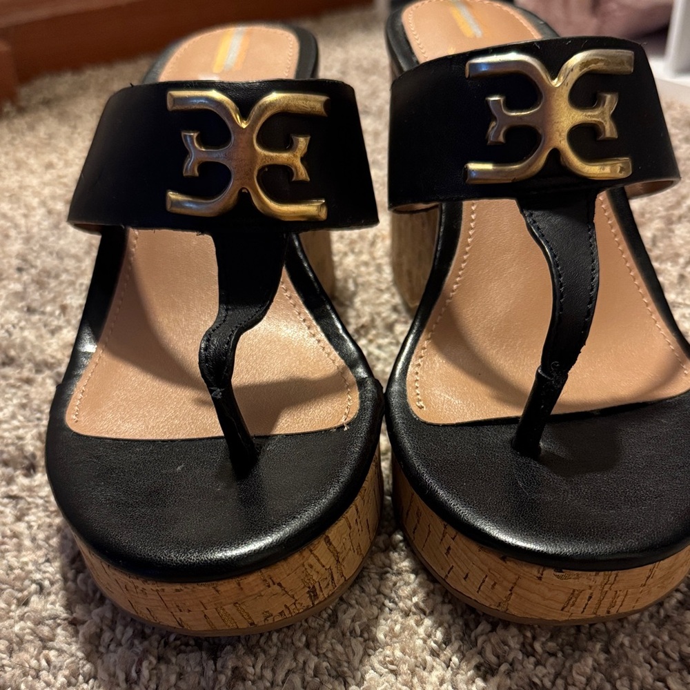 Sam Edelman Black and Gold Wedge Sandals